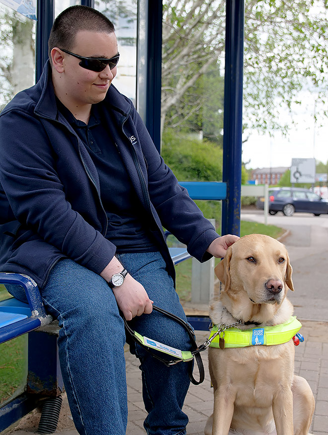 A man at a bus stop wearing dark glasses with his guide dog