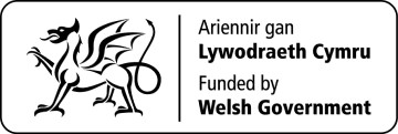 Welsh Government logo - a dragon. Text reads Ariennir gan Lywodraeth Cymru, Funded by Wlesh Government